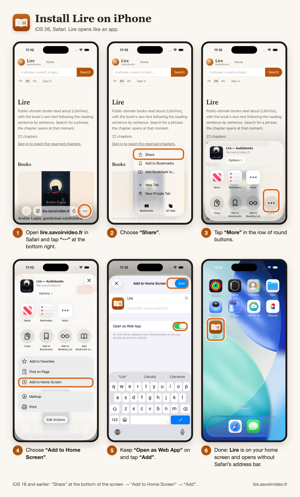 Safari: “•••” → “Share” → “More” → “Add to Home Screen” → “Open as Web App” → “Add”