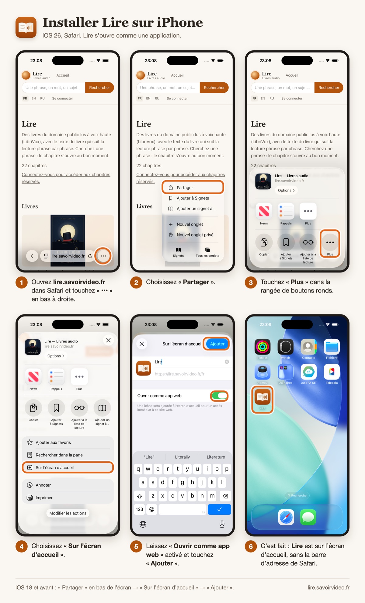 Safari : « ••• » → « Partager » → « Plus » → « Sur l’écran d’accueil » → « Ouvrir comme app web » → « Ajouter »