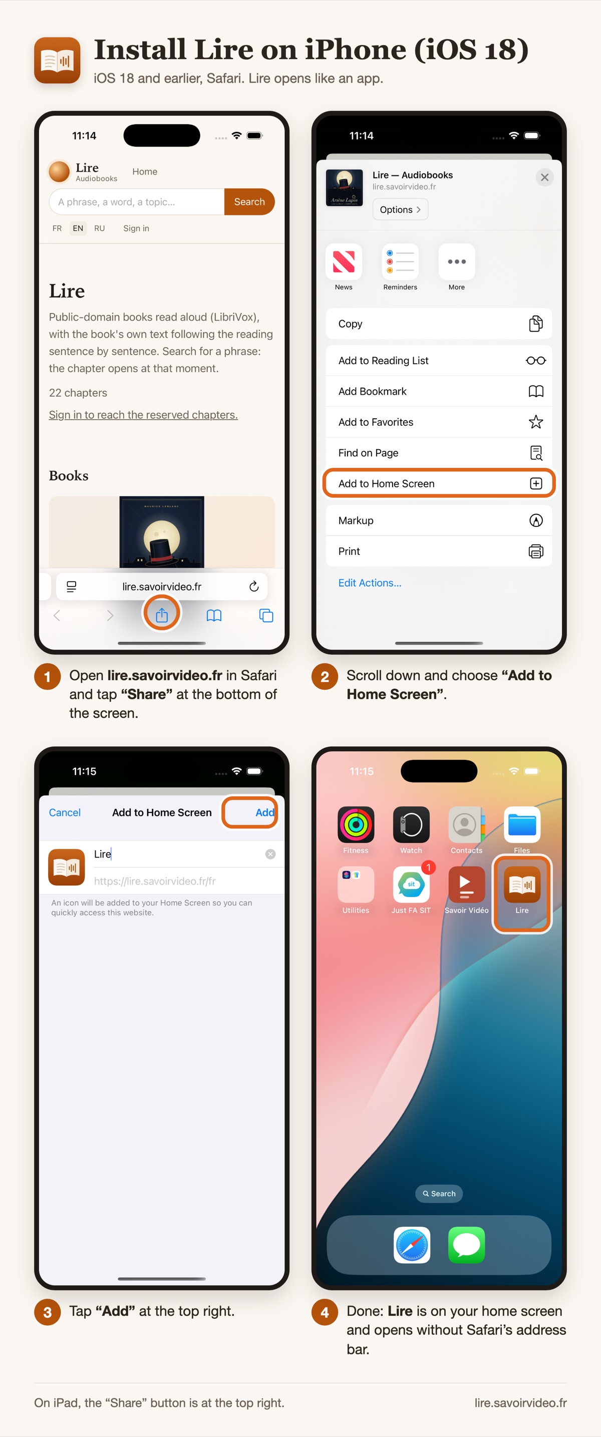Safari: “Share” at the bottom of the screen → “Add to Home Screen” → “Add”